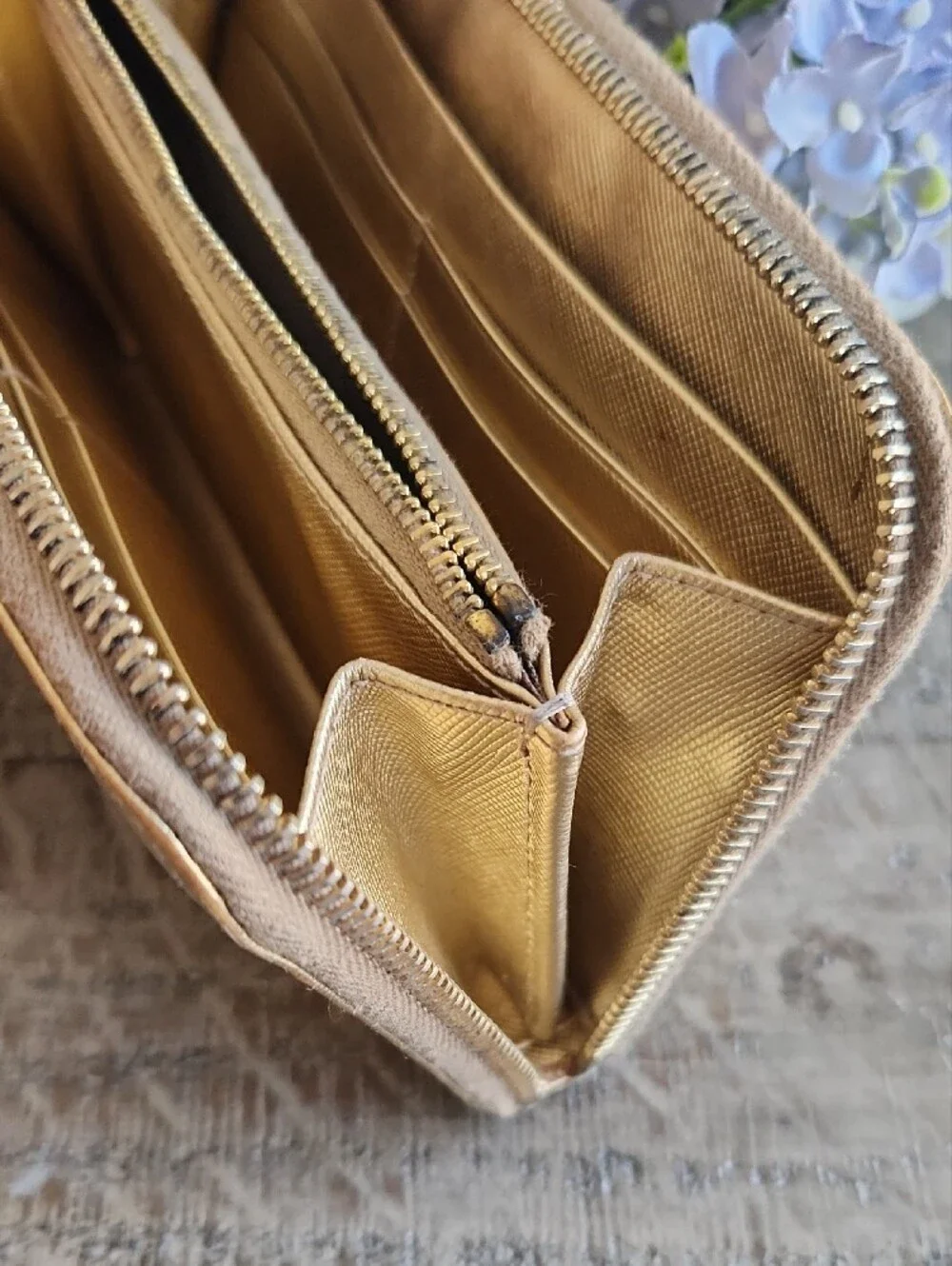 Prada Metallic Gold Bow Zip-Around Wallet